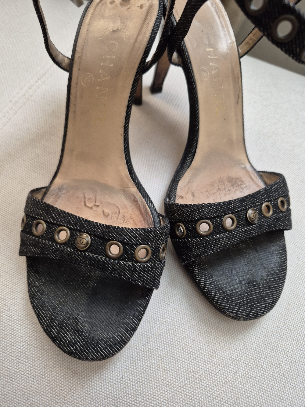 CHANEL Black Denim Studded Open-Toe Heels